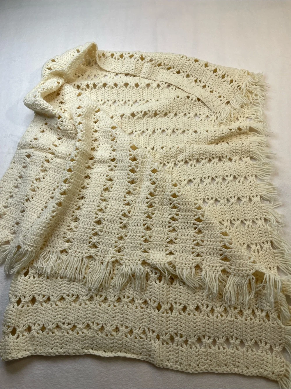Handmade Cream Crochet Throw Blanket with Fringe 40 X 58 inches